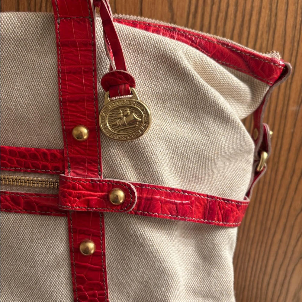 BRAHMIN MEGATOTE WINDJAMMER HANDBAG CREAM CANVAS & RED - Picture 3 of 9